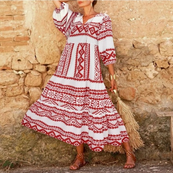 New Boho Ethic Geo Aztec Tribal Pattern Maxi Dress Loose Long Puff Sleeves Vneck - Picture 1 of 16